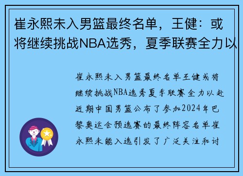 崔永熙未入男篮最终名单，王健：或将继续挑战NBA选秀，夏季联赛全力以赴