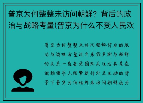 普京为何整整未访问朝鲜？背后的政治与战略考量(普京为什么不受人民欢迎)