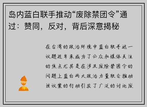 岛内蓝白联手推动“废除禁团令”通过：赞同，反对，背后深意揭秘