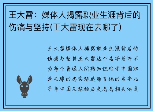 王大雷：媒体人揭露职业生涯背后的伤痛与坚持(王大雷现在去哪了)