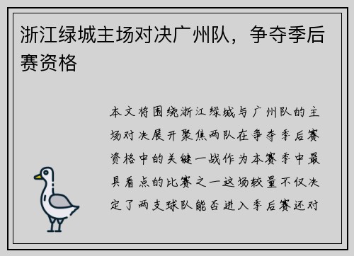 浙江绿城主场对决广州队，争夺季后赛资格