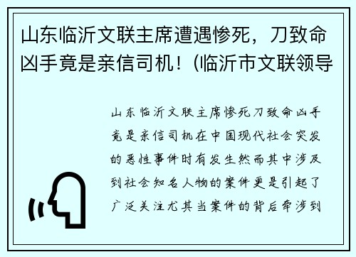 山东临沂文联主席遭遇惨死，刀致命凶手竟是亲信司机！(临沂市文联领导班子成员)