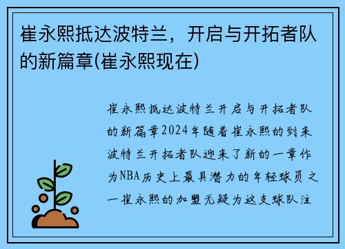 崔永熙抵达波特兰，开启与开拓者队的新篇章(崔永熙现在)