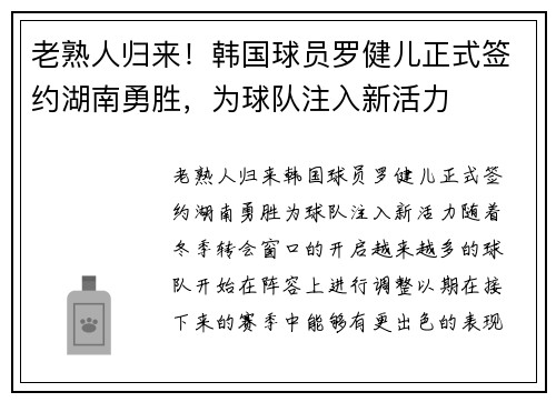 老熟人归来！韩国球员罗健儿正式签约湖南勇胜，为球队注入新活力